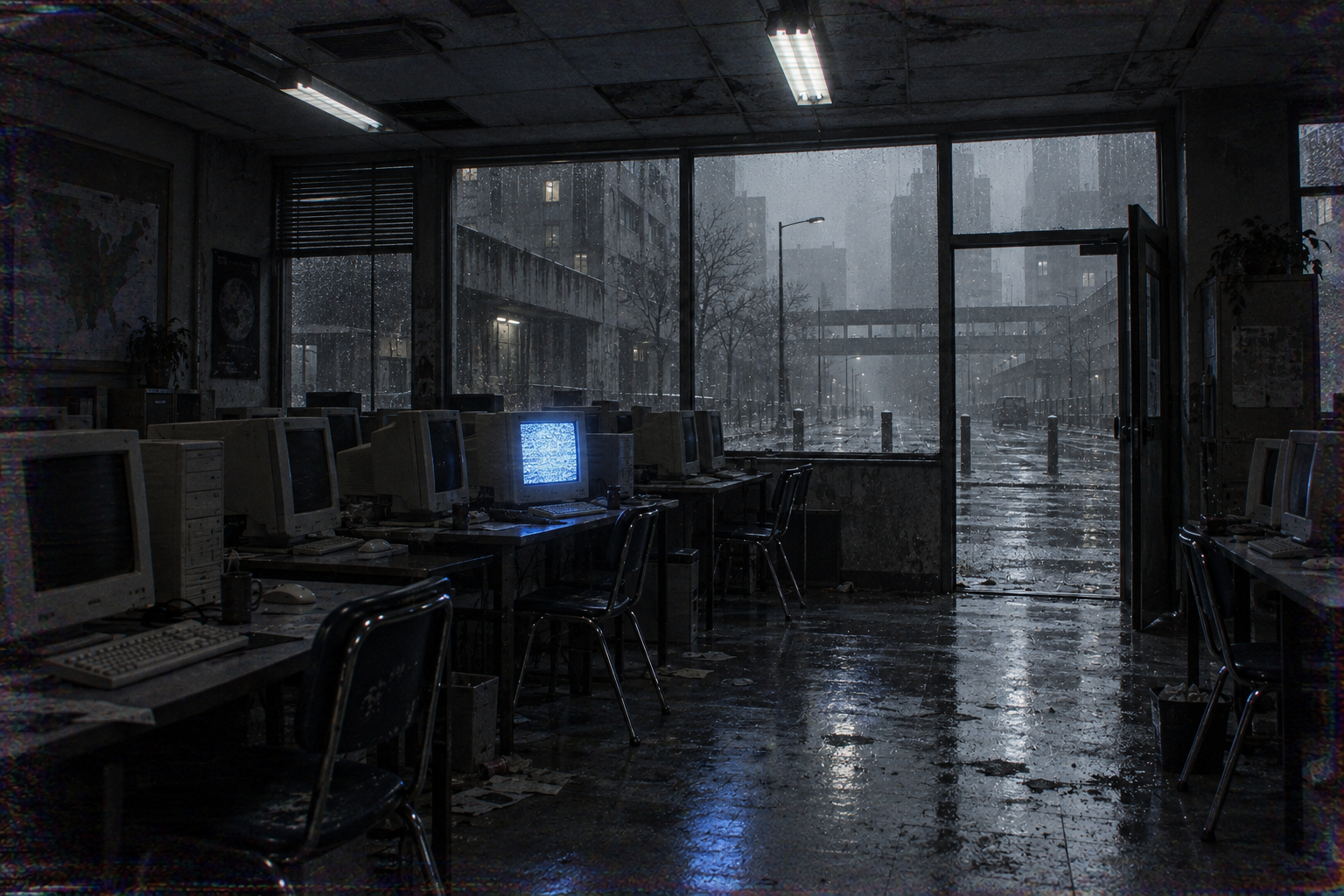 Laboratório de computadores vazio com um CRT azul aceso; pelas janelas molhadas, prédios de concreto desaparecem na neblina.